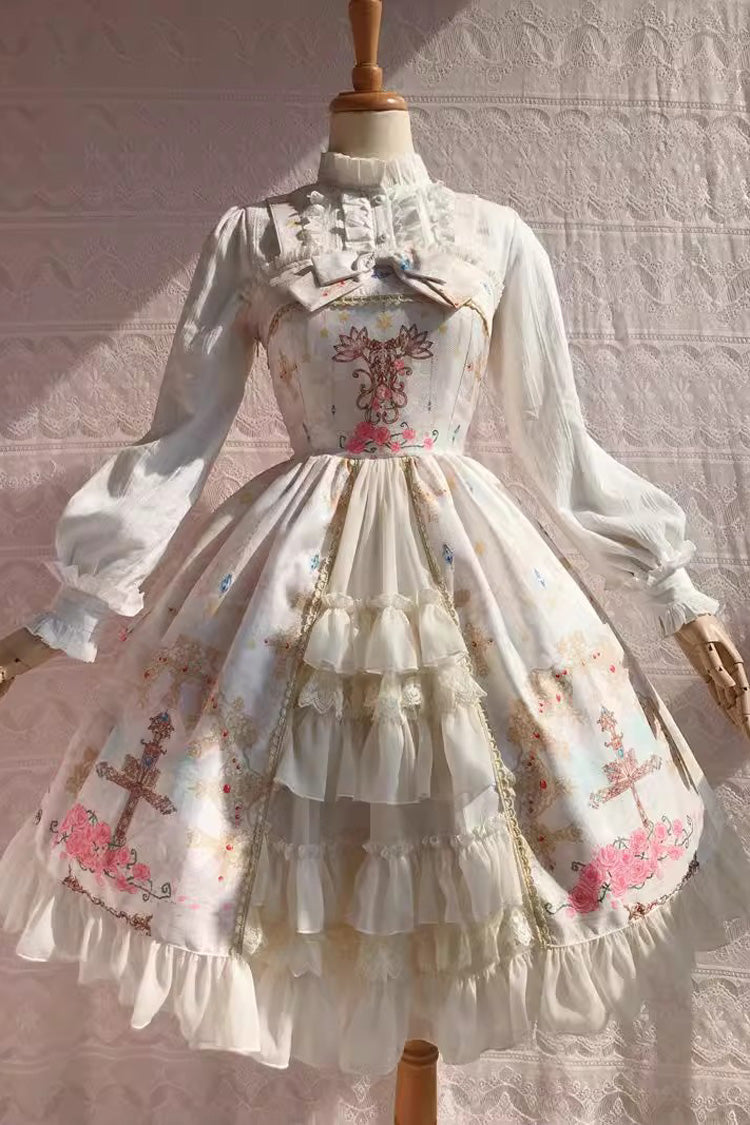 Peacock Cross Print Ruffle Cardigan Bowknot Sweet Lolita Jsk Dress 4 Colors - Off-White - 2