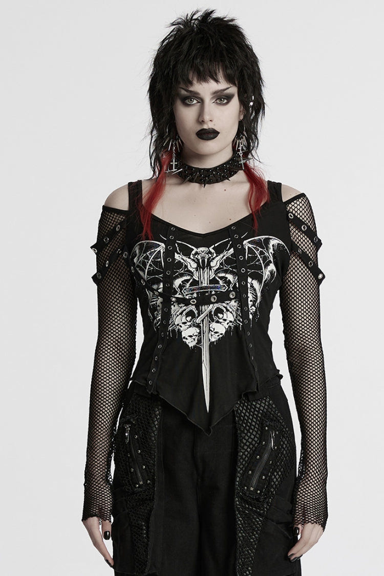 Black Long Sleeves Cutout Skull Print Stitching Mesh Women's Punk Blouse - Black - 1