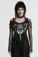Black Long Sleeves Cutout Skull Print Stitching Mesh Women's Punk Blouse - Black - 1