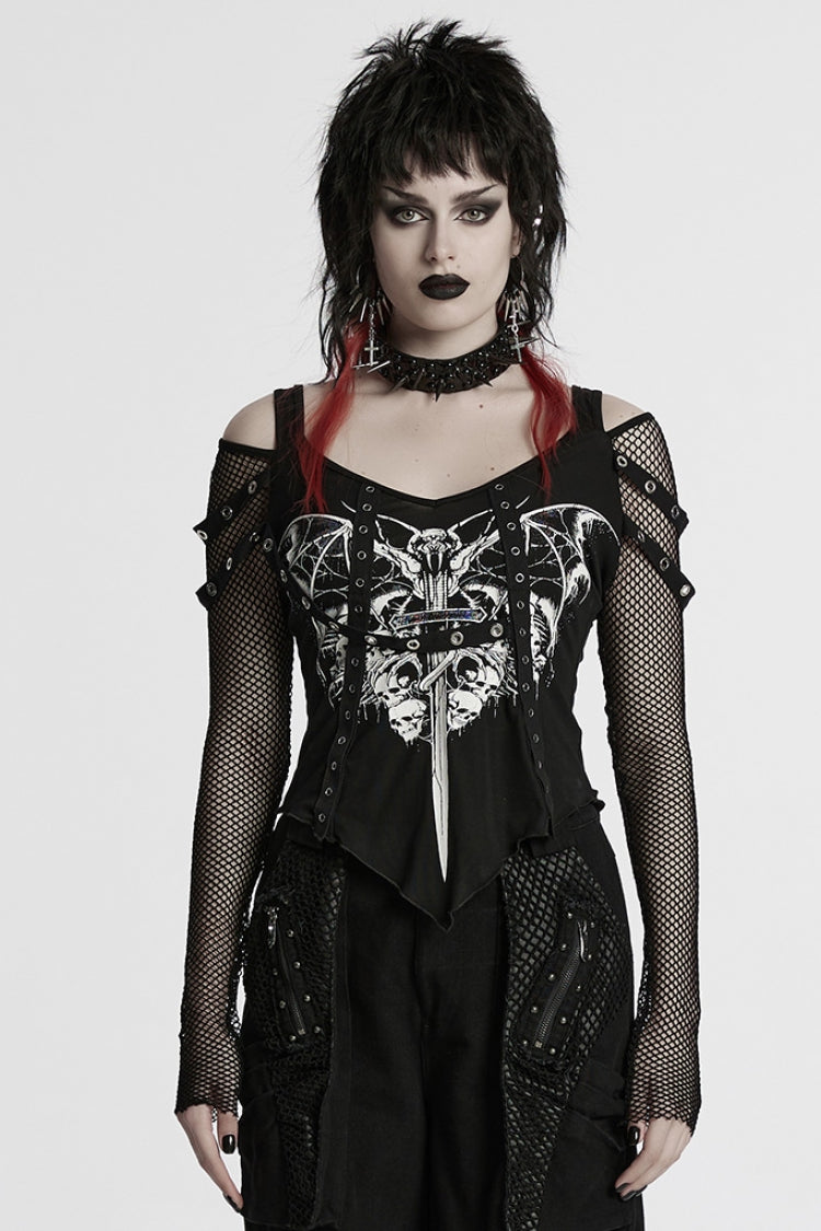 Black Long Sleeves Cutout Skull Print Stitching Mesh Women's Punk Blouse - Black - 1
