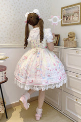 Yellow [Cute Rabbit Sweet Cake] Print Ruffle Bowknot Lace Sweet Lolita Jsk Dress - Product - 6