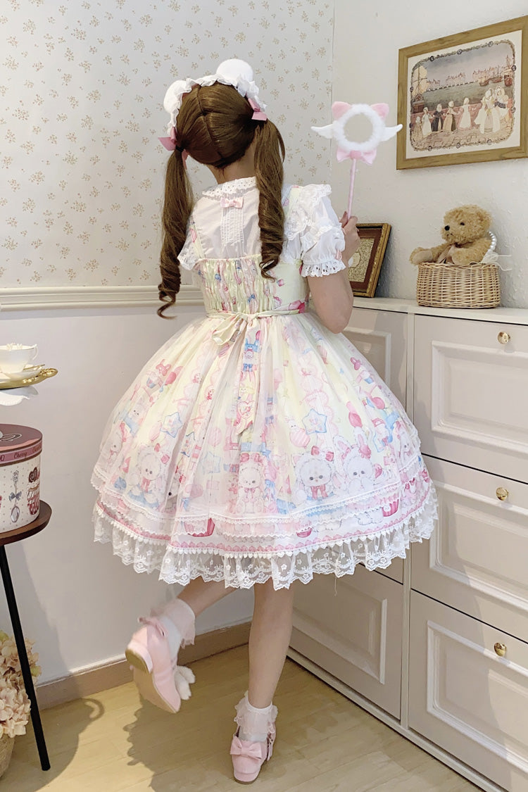 Yellow [Cute Rabbit Sweet Cake] Print Ruffle Bowknot Lace Sweet Lolita Jsk Dress - Product - 6