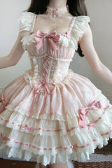 Pink [Flory Butterfly] Double-Layered Ruffle Bowknot Lace Lace-Up Sweet Ballet Lolita Jsk Dress - Product - 3