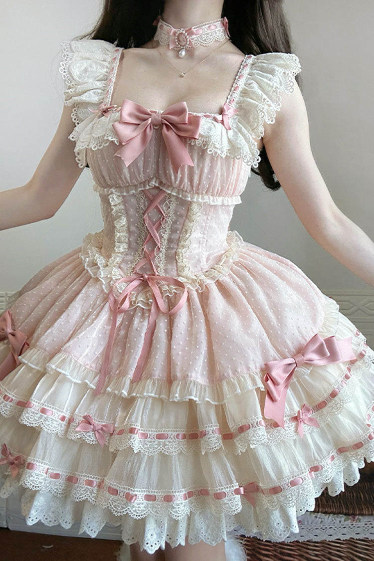 Pink [Flory Butterfly] Double-Layered Ruffle Bowknot Lace Lace-Up Sweet Ballet Lolita Jsk Dress - Product - 3