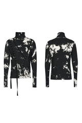 Black/White Punk Asymmetric Metal Buckle Side Button Tie Dye High Neck Basic Long Sleeve Men's Shirt - Product - 5