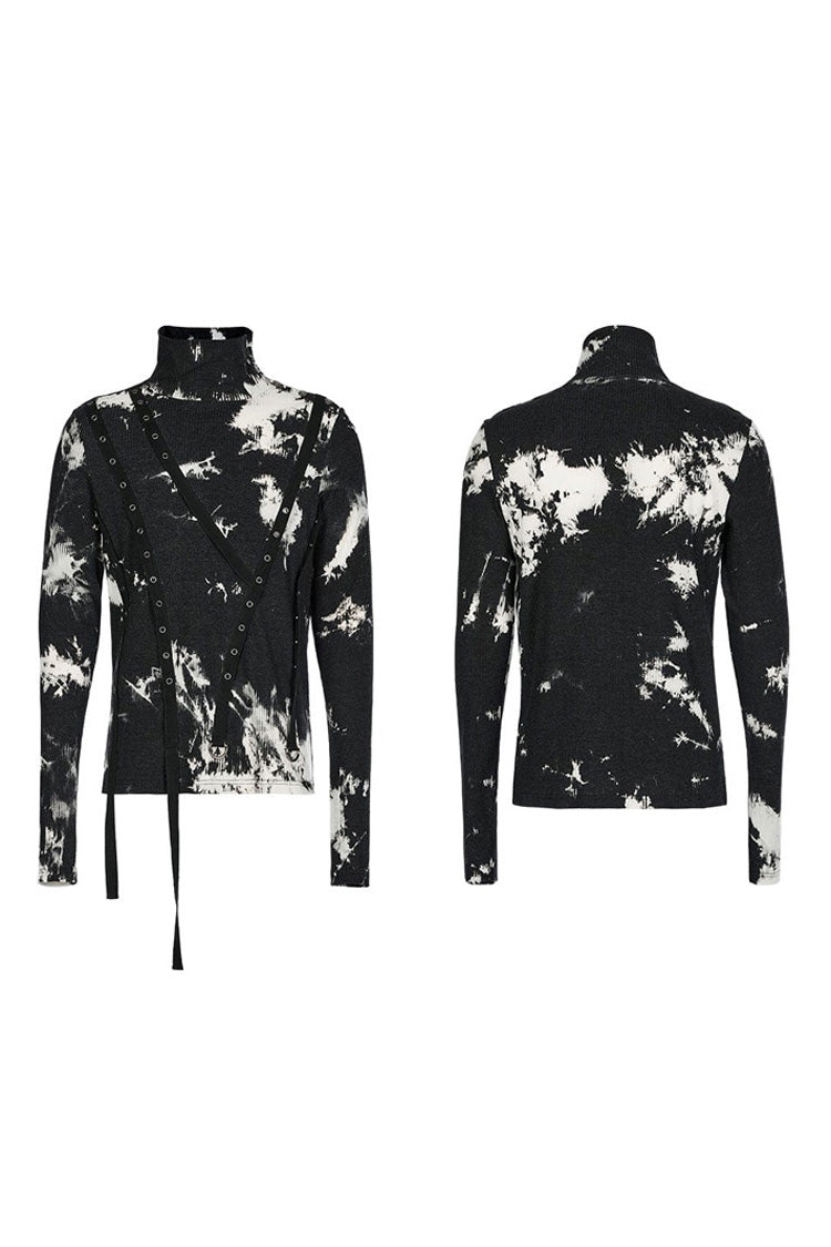 Black/White Punk Asymmetric Metal Buckle Side Button Tie Dye High Neck Basic Long Sleeve Men's Shirt - Product - 5