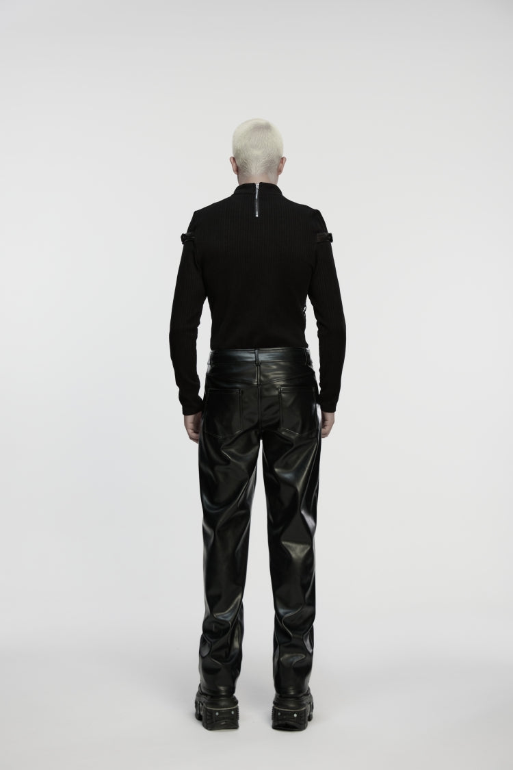 Black Zippered Eyelet Men's Punk Faux Leather Pants - Product - 2