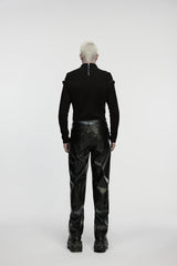Black Zippered Eyelet Men's Punk Faux Leather Pants - Product - 2