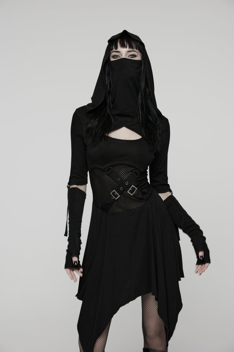 Black Long Sleeves Cut-Out Patchwork Lace-Up Slim Fit Hooded Women's Punk Dress - Black - 1