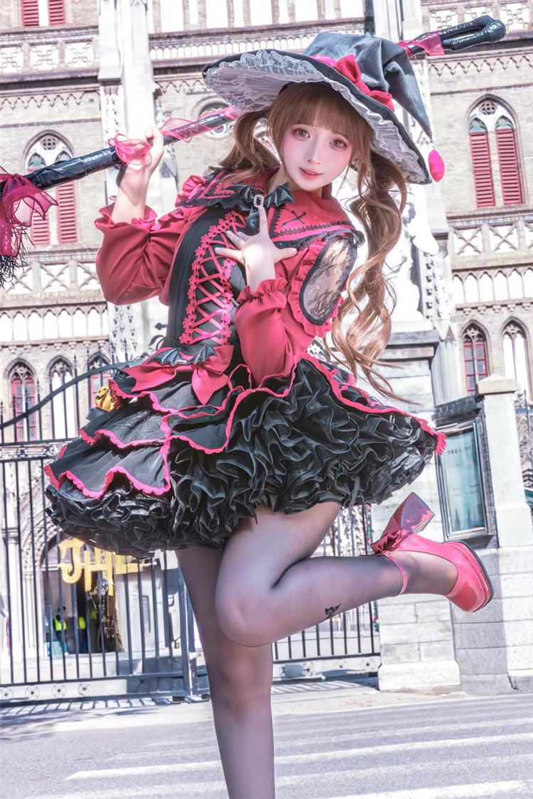 Black/Red [Showa Cake] Sleeveless Triple-Layered Ruffled Bow Lace-Up Witch Gothic Lolita Jsk Dress - Product - 9