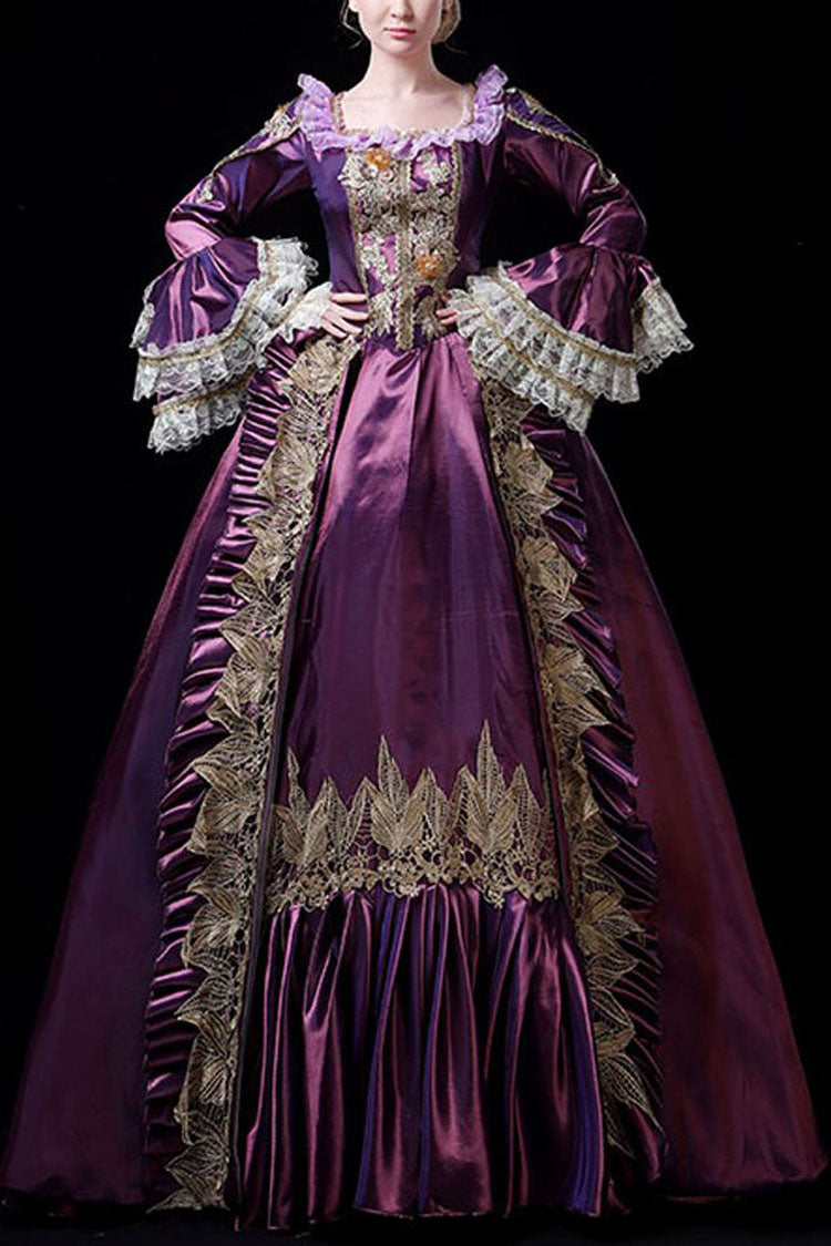 Multi-Layer Long Sleeves Trumpet Sleeves High Waisted Hollow Embroidery Print Victorian Lolita Prom Dress - Purple - 1