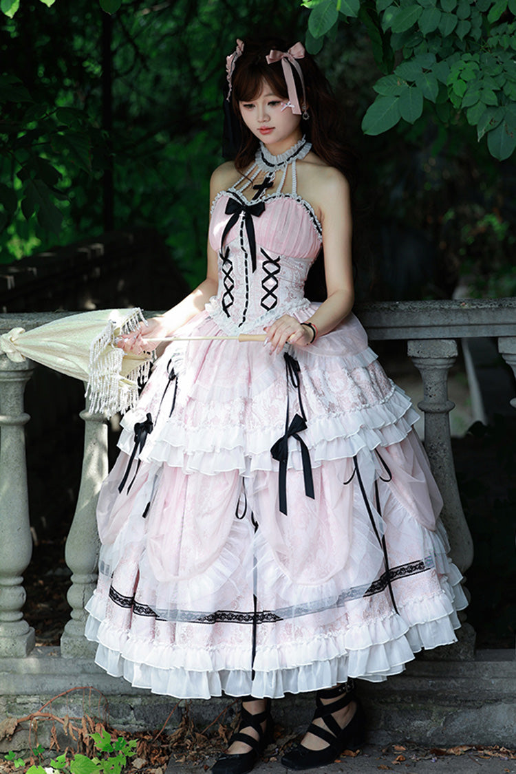 Pink Cross Halterneck Ruffle Bowknot Lace Lace-Up Princess Sweet Lolita Dress - Pink - 1