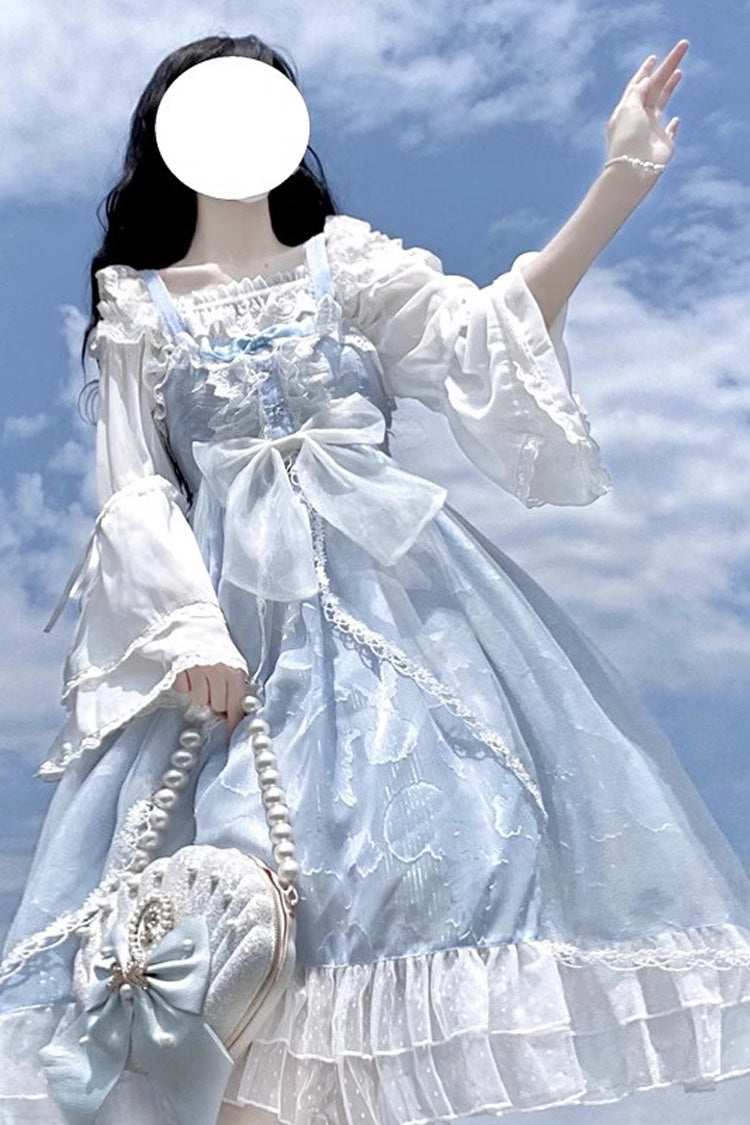 Light Blue Shell Jacquard Ruffle Bowknot Lace Sweet Lolita Jsk Dress - Product - 3