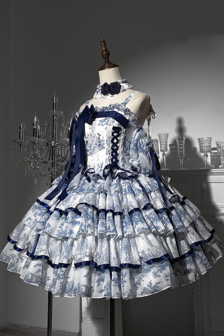 Blue/White Sleeveless Multi-Layered Print Bowknot Fishbone Sweet Classic Chinese Style Lolita Jsk Long Dress - Product - 5