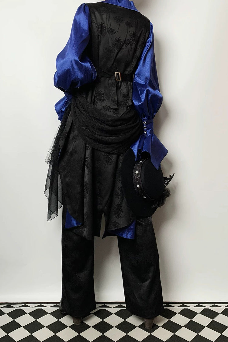 Black/Blue [Moonlit Return] Jacquard Printed Lace-Up Gothic Elegant Ouji Lolita (Blouse/Pants/Shorts/Vest) - Product - 9