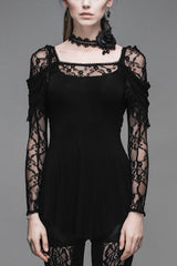Black Rose Lace Long Sleeves Modal Womens Gothic T-Shirt - Black - 1
