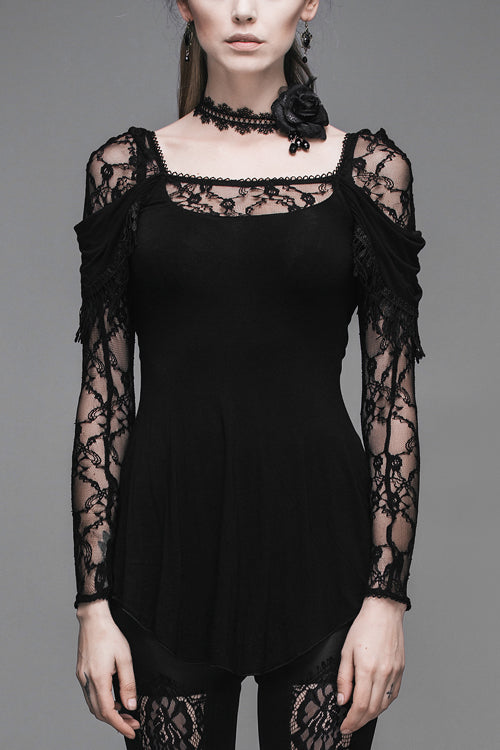 Black Rose Lace Long Sleeves Modal Womens Gothic T-Shirt - Black - 1