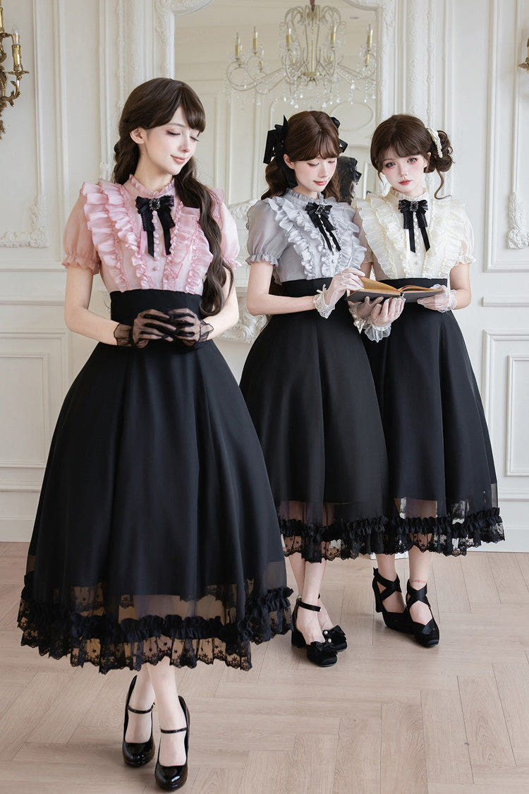 Black [Miss Lola · Snow Kiss] Stand Collar Short Puff Sleeves Ruffled Color-Blocked Faux Two-Piece Sweet Lolita Long Dress 3 Colors - Black/Pink - 1