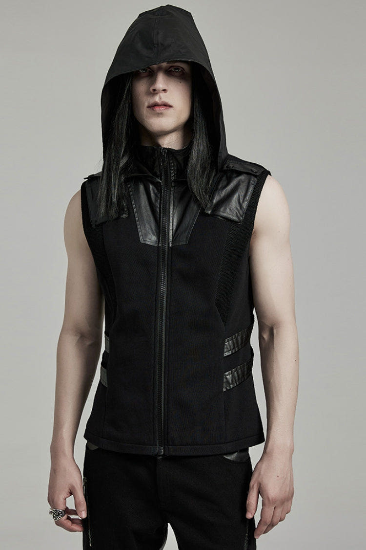 Black Stitching Hooded Men's Punk Vest - Black - 1
