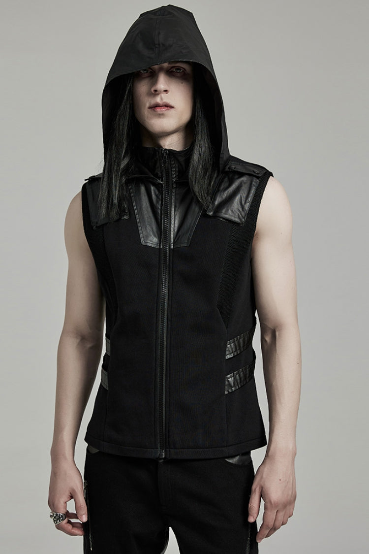 Black Stitching Hooded Men's Punk Vest - Black - 1