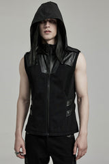 Black Stitching Hooded Men's Punk Vest - Black - 1