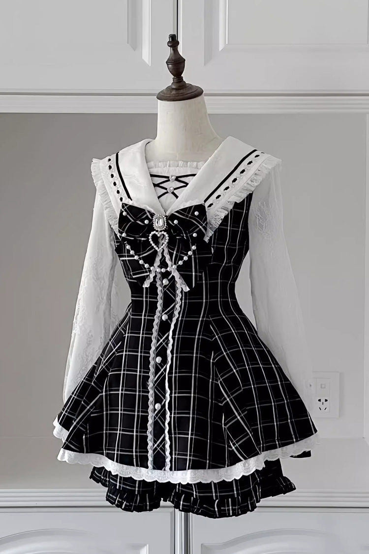 Sweet Long Sleeves Print Bowknot Jirai Kei Japanese Dress Set 3 Colors - Black - 2
