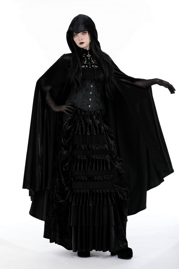 Black Cross Zippered Floral Embroidered Women's Gothic Cloak with Hood - Product - 9