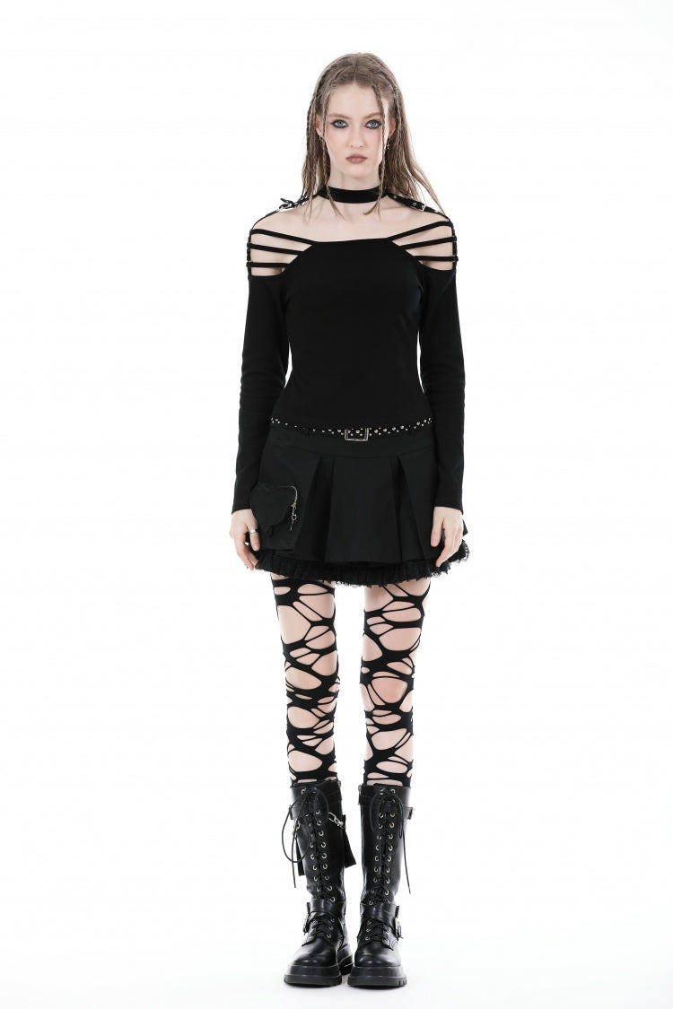 Black Off Shoulder Long Sleeves Cut-Out Buckled Women's Punk Blouse - Product - 5