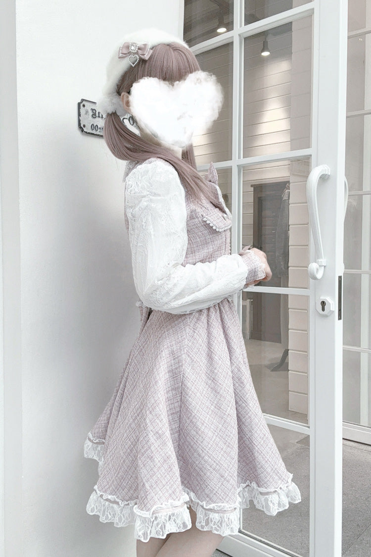 Grey/Pink Long Sleeves Bowknot Lace Pearl Sweet Jirai Kei Dress - Product - 2