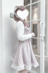 Grey/Pink Long Sleeves Bowknot Lace Pearl Sweet Jirai Kei Dress - Product - 2