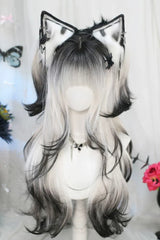 Black/White Ombre Long Wavy Sweet Lolita Wig with Air Bangs - Black/White - 1
