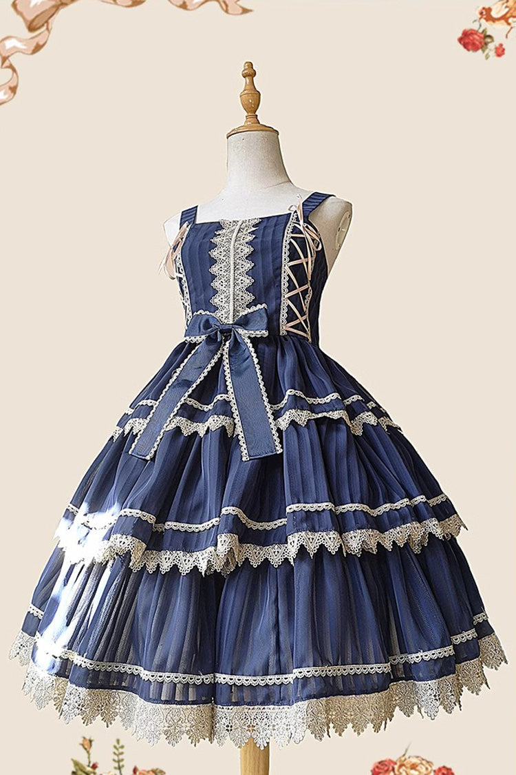 Dark Blue Three-section Cake Sleeveless Ribbon Sweet Lolita Tiered Dress - Product - 5