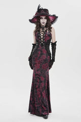 Black/Red Off Shoulder Halterneck Printed Hanayome Lace Lace-Up Slim Pleated Women's Gothic Jsk Dress - Black/Red - 1