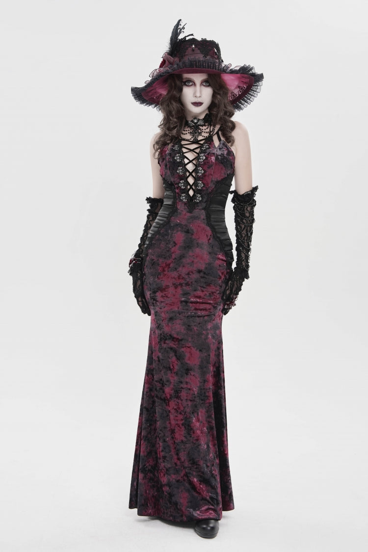 Black/Red Off Shoulder Halterneck Printed Hanayome Lace Lace-Up Slim Pleated Women's Gothic Jsk Dress - Black/Red - 1
