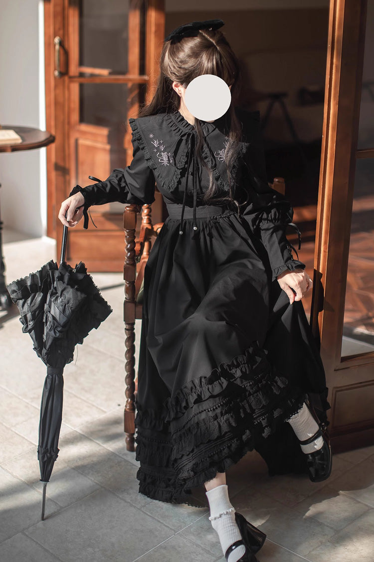 Black [Wind Kissed Tulips] Long Sleeves Ruffle Embroidery Bowknot Gothic Vintage Elegant Lolita Dress - Product - 6