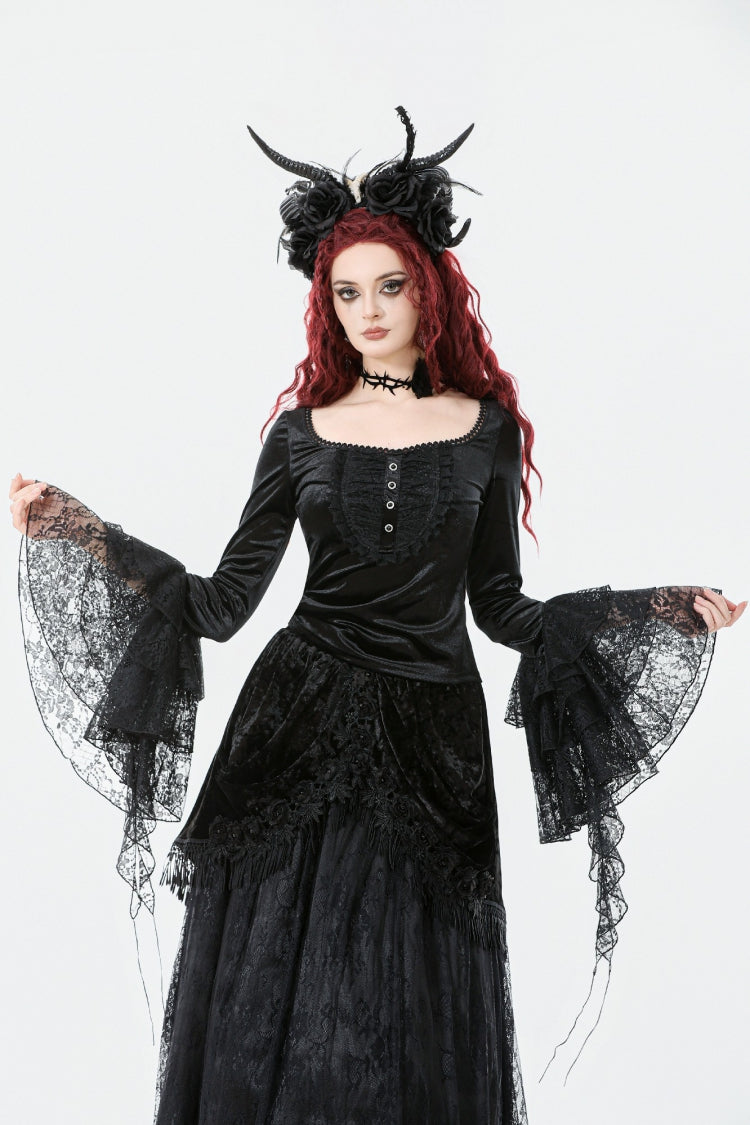 Black Square Collar Multi-Layered Lace Long Flared Sleeves Women's Gothic Palace Velvet Top - Black - 1
