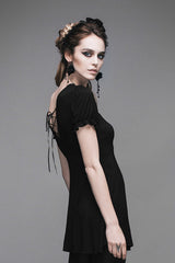 Black Patterned Lace Neck Short Sleeves Womens Mid-Length Gothic T-Shirt - Product - 3