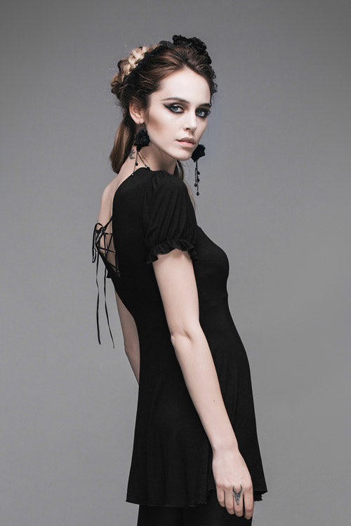 Black Patterned Lace Neck Short Sleeves Womens Mid-Length Gothic T-Shirt - Product - 3