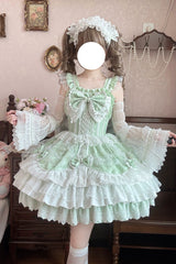 Green Sleeveless Triple-Layered Ruffle Embroidery Bowknot Lace-Up Pearl Sweet Plus Size Lolita Jsk Dress - Green - 1