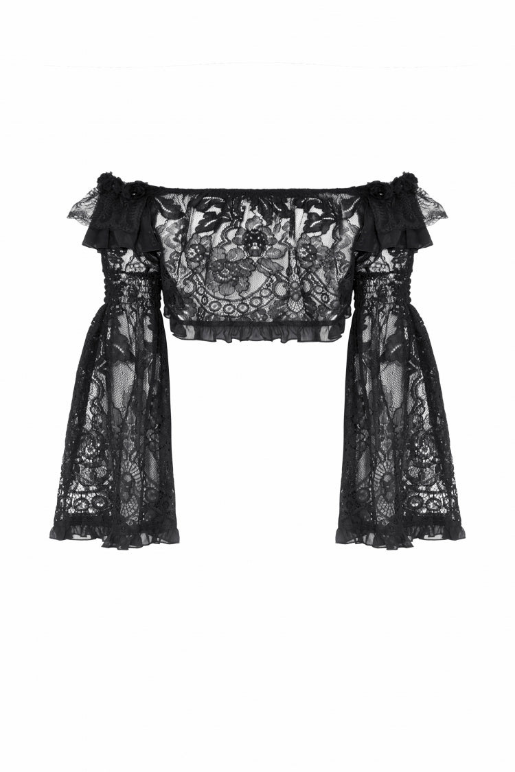 Black Ruffled Off Shoulder Long Bishop Sleeves Lace Women's Gothic Cape - Product - 14