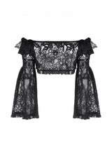 Black Ruffled Off Shoulder Long Bishop Sleeves Lace Women's Gothic Cape - Product - 14