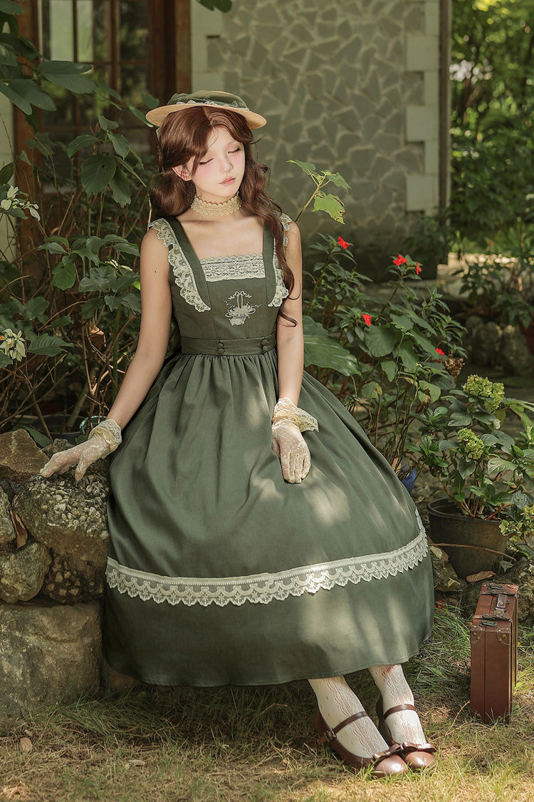 [The Oak Tree in the Wind] Square Collar Sleeveless Jacquard Embroidered Lace Classic Elegant Lolita Jsk Dress 2 Colors (Black, Green) - Product - 10