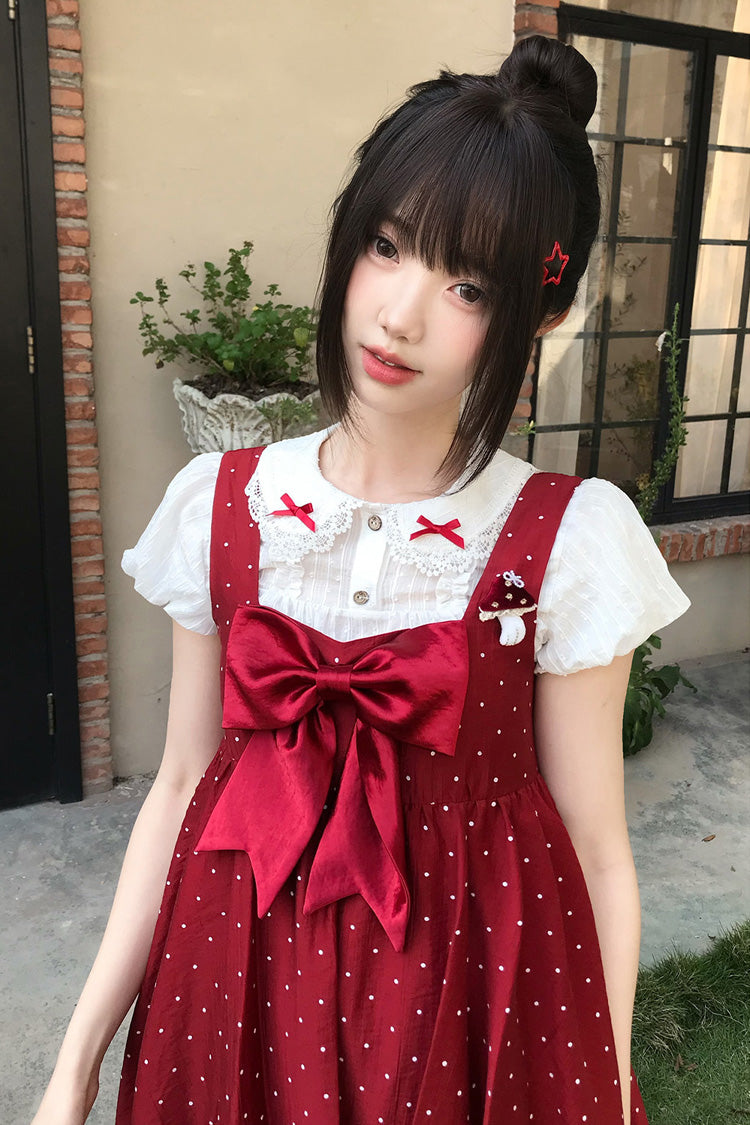 Red [Little Mushroom] Sleeveless Polka Dot Printed Ruffled Bow Sweet Lolita Jsk Dress - Product - 2