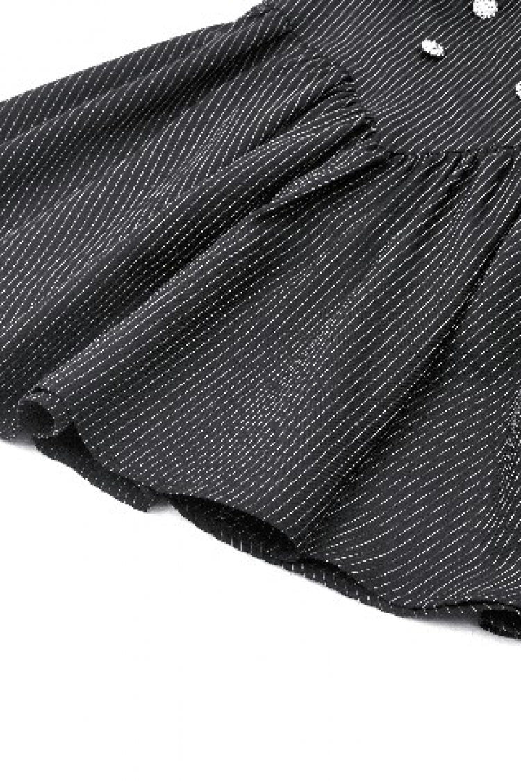 Black/White Striped Ruffled Lace Stand Collar Bow Long Sleeves Lace-Up Women's Gothic Lolita Graduation Dress - Product - 22