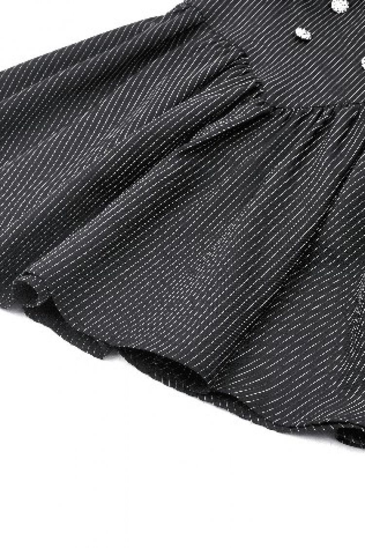 Black/White Striped Ruffled Lace Stand Collar Bow Long Sleeves Lace-Up Women's Gothic Lolita Graduation Dress - Product - 22