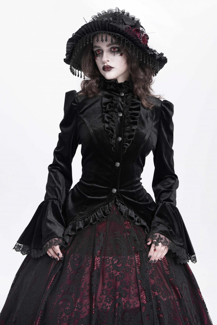Black Stand Collar Long Trumpet Sleeves Ruffle Swallow-tailed Women's Gothic Blouse - Black - 1