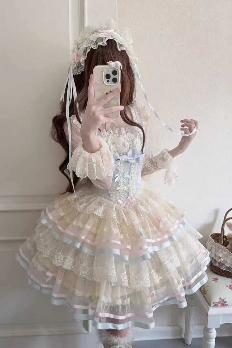 Blue [Butterfly Heart Ballet] Triple-Layered Ruffle Bowknot Lace Sweet Ballet Lolita Jsk Dress - Blue - 1