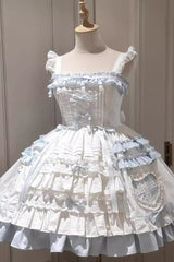 White/Blue [Window Dolls] Multi-Layered Ruffle Love Bowknot Sweet Princess Lolita Jsk Dress with Cape - Product - 2