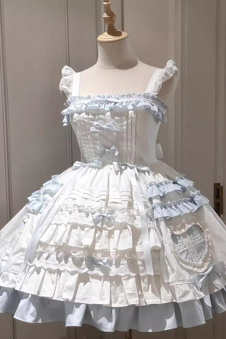 White/Blue [Window Dolls] Multi-Layered Ruffle Love Bowknot Sweet Princess Lolita Jsk Dress with Cape - Product - 2