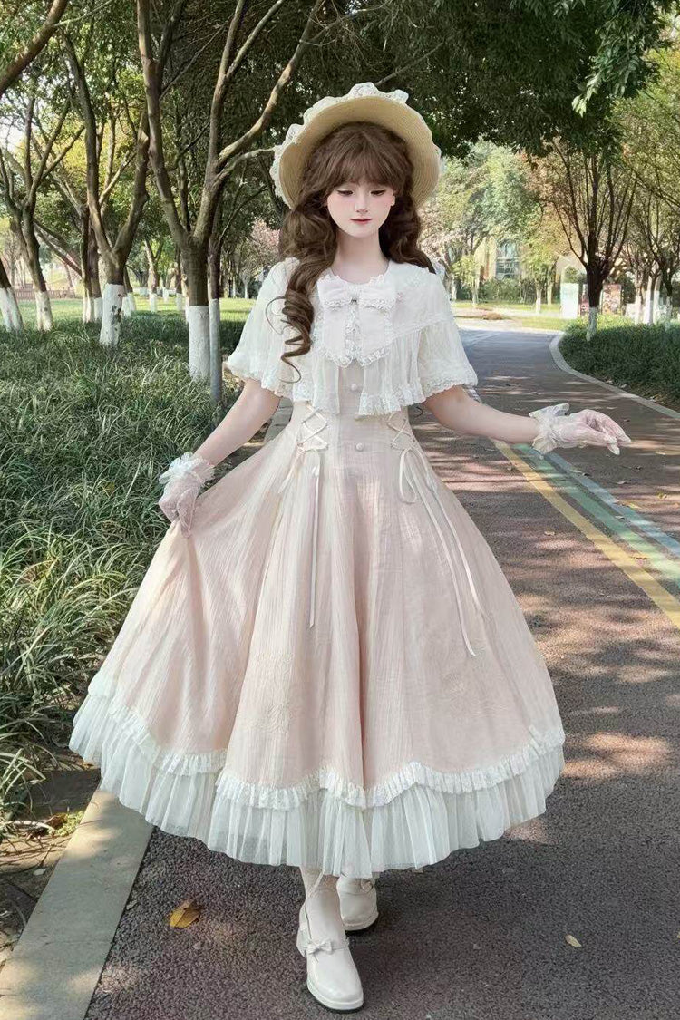 Pink [Wind Chime] Ruffled Embroidered Bow Lace Lace-Up Sweet Lolita Dress - Pink - 1